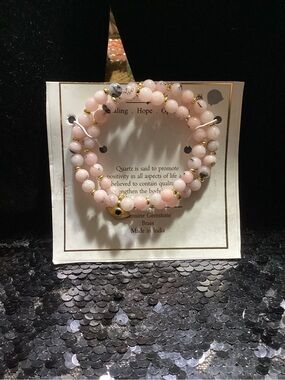 Pink Rose Quartz Beaded Wrap Bracelet with Gold Accents